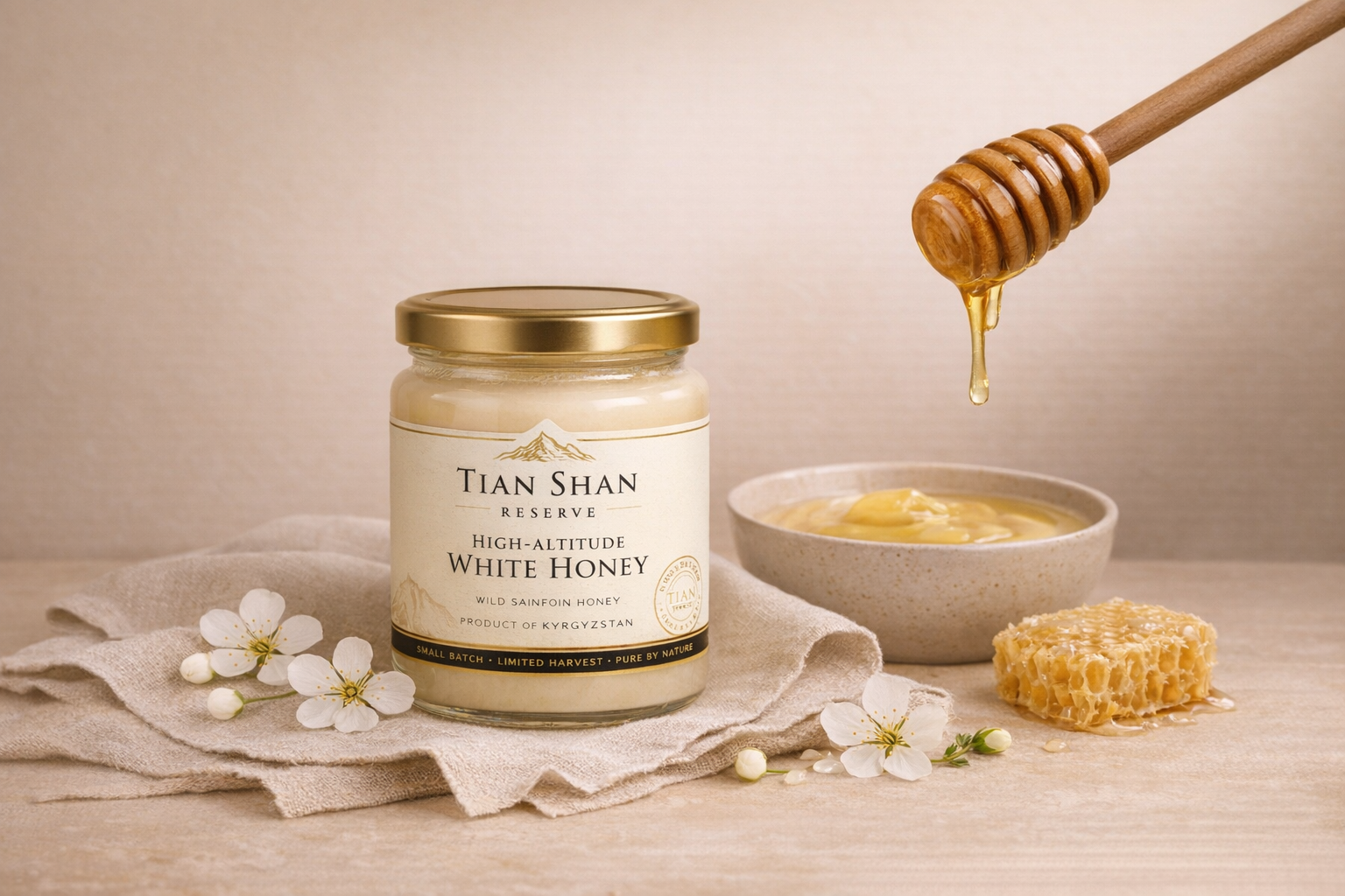 Tian Shan Reserve white honey jar with honey dipper and comb